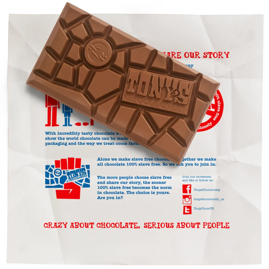 Tony Chocolonely's branding strategie op de verpakking