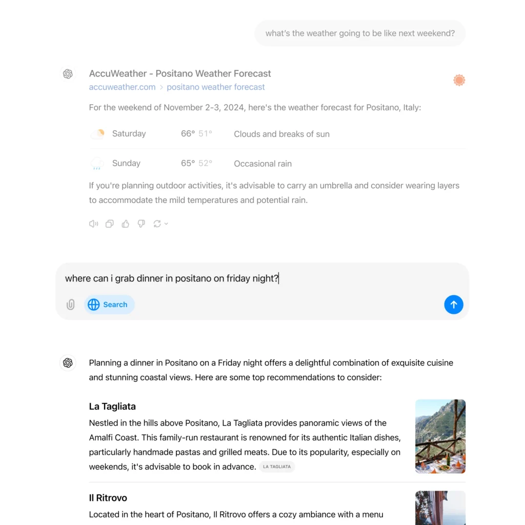 ChatGPT gesprek toont AI-gestuurde antwoorden op gebruikersvragen in een zoekinterface